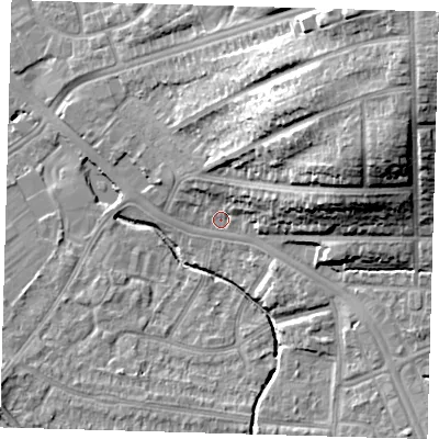 Shaded relief map of the ground around SE62RS, computed from Environment Agency LiDAR. The ground here sits at about 26 m above sea level and falls 31 m across the surrounding 800 m. Surface water reaching this point runs off ground lying to the east-north-east, 8.7 m higher.
