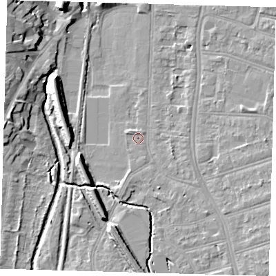 Shaded relief map of the ground around SE63AS, computed from Environment Agency LiDAR. The ground here sits at about 17 m above sea level and falls 12 m across the surrounding 800 m. Surface water reaching this point runs off ground lying to the south-east, 2.7 m higher.