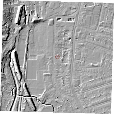 Shaded relief map of the ground around SE63AU, computed from Environment Agency LiDAR. The ground here sits at about 17 m above sea level and falls 11 m across the surrounding 800 m. Surface water reaching this point runs off ground lying to the south-south-east, 1.9 m higher.