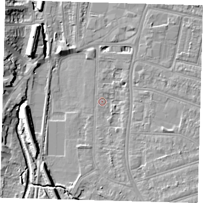 Shaded relief map of the ground around SE63AY, computed from Environment Agency LiDAR. The ground here sits at about 16 m above sea level and falls 11 m across the surrounding 800 m. Surface water reaching this point runs off ground lying to the south-east, 5.2 m higher.