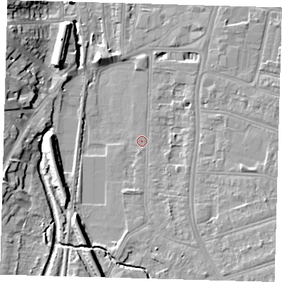 Shaded relief map of the ground around SE63BB, computed from Environment Agency LiDAR. The ground here sits at about 16 m above sea level and falls 14 m across the surrounding 800 m. Surface water reaching this point runs off ground lying to the south-east, 5.2 m higher.