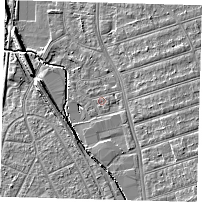 Shaded relief map of the ground around SE63BE, computed from Environment Agency LiDAR. The ground here sits at about 19 m above sea level and falls 8 m across the surrounding 800 m. Surface water reaching this point runs off ground lying to the south-south-east, 2.4 m higher.