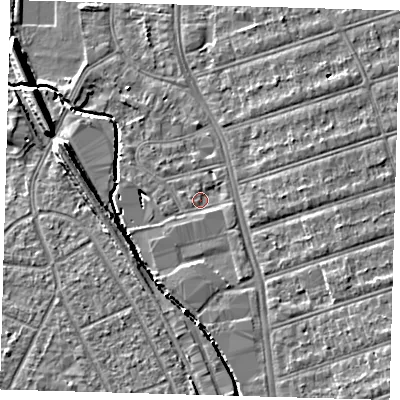Shaded relief map of the ground around SE63BG, computed from Environment Agency LiDAR. The ground here sits at about 19 m above sea level and falls 9 m across the surrounding 800 m. Surface water reaching this point runs off ground lying to the south, 3.8 m higher.