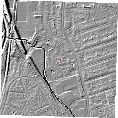 Shaded relief map of the ground around SE63BJ, computed from Environment Agency LiDAR. The ground here sits at about 19 m above sea level and falls 9 m across the surrounding 800 m. Surface water reaching this point runs off ground lying to the south-south-west, 0.6 m higher.