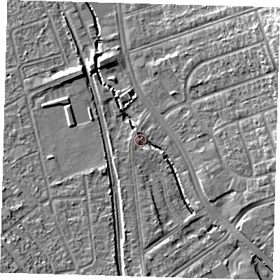 Shaded relief map of the ground around SE63DD, computed from Environment Agency LiDAR. The ground here sits at about 23 m above sea level and falls 15 m across the surrounding 800 m. Surface water reaching this point runs off ground lying to the south, 6.6 m higher.