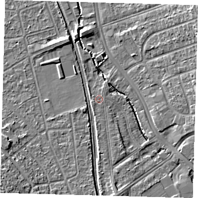 Shaded relief map of the ground around SE63DE, computed from Environment Agency LiDAR. The ground here sits at about 24 m above sea level and falls 17 m across the surrounding 800 m. Surface water reaching this point runs off ground lying to the south, 4.9 m higher.