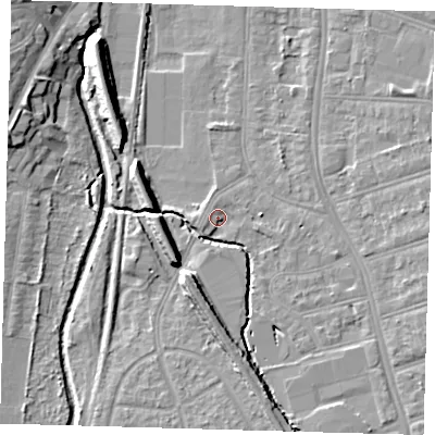 Shaded relief map of the ground around SE63JH, computed from Environment Agency LiDAR. The ground here sits at about 18 m above sea level and falls 10 m across the surrounding 800 m. Surface water reaching this point runs off ground lying to the south-west, 1.7 m higher.