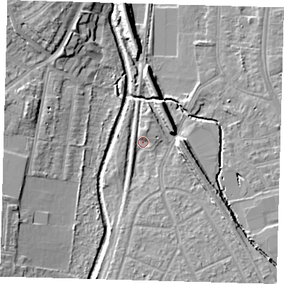 Shaded relief map of the ground around SE63JQ, computed from Environment Agency LiDAR. The ground here sits at about 17 m above sea level and falls 11 m across the surrounding 800 m. Surface water reaching this point runs off ground lying to the south, 2.9 m higher.