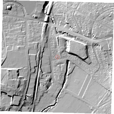 Shaded relief map of the ground around SE63NG, computed from Environment Agency LiDAR. The ground here sits at about 24 m above sea level and falls 21 m across the surrounding 800 m. Surface water reaching this point runs off ground lying to the east-north-east, 9.6 m higher.