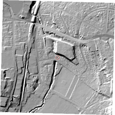 Shaded relief map of the ground around SE63NH, computed from Environment Agency LiDAR. The ground here sits at about 25 m above sea level and falls 24 m across the surrounding 800 m. Surface water reaching this point runs off ground lying to the north-east, 9.6 m higher.