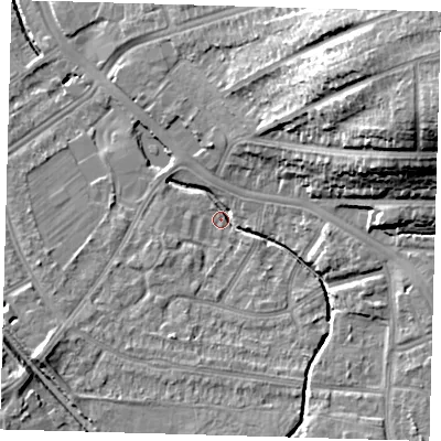 Shaded relief map of the ground around SE63PJ, computed from Environment Agency LiDAR. The ground here sits at about 25 m above sea level and falls 29 m across the surrounding 800 m. Surface water reaching this point runs off ground lying to the north-east, 26.2 m higher.