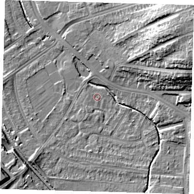 Shaded relief map of the ground around SE63PN, computed from Environment Agency LiDAR. The ground here sits at about 25 m above sea level and falls 27 m across the surrounding 800 m. Surface water reaching this point runs off ground lying to the north-east, 24.2 m higher.