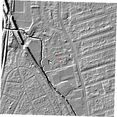Shaded relief map of the ground around SE63UW, computed from Environment Agency LiDAR. The ground here sits at about 19 m above sea level and falls 9 m across the surrounding 800 m. Surface water reaching this point runs off ground lying to the south, 3.7 m higher.