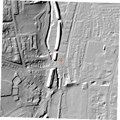 Shaded relief map of the ground around SE64BG, computed from Environment Agency LiDAR. The ground here sits at about 16 m above sea level and falls 29 m across the surrounding 800 m. Surface water reaching this point runs off ground lying to the south, 0.6 m higher.