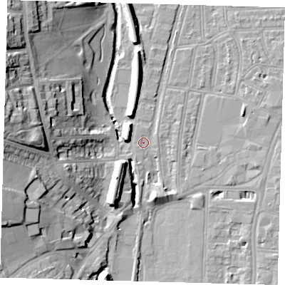 Shaded relief map of the ground around SE64BL, computed from Environment Agency LiDAR. The ground here sits at about 15 m above sea level and falls 27 m across the surrounding 800 m. Surface water reaching this point runs off ground lying to the south-south-east, 4.8 m higher.