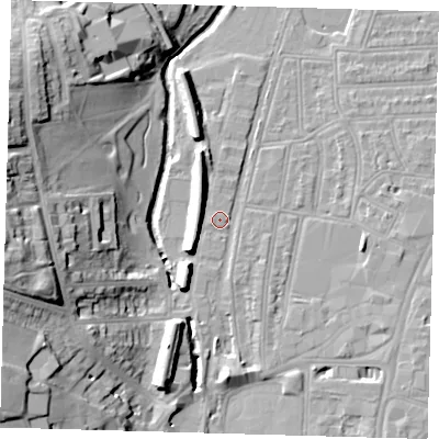 Shaded relief map of the ground around SE64BS, computed from Environment Agency LiDAR. The ground here sits at about 16 m above sea level and falls 26 m across the surrounding 800 m. Surface water reaching this point runs off ground lying to the south, 4.8 m higher.