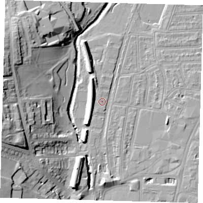 Shaded relief map of the ground around SE64BT, computed from Environment Agency LiDAR. The ground here sits at about 16 m above sea level and falls 26 m across the surrounding 800 m. Surface water reaching this point runs off ground lying to the south, 4.8 m higher.
