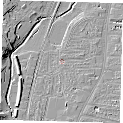 Shaded relief map of the ground around SE64JN, computed from Environment Agency LiDAR. The ground here sits at about 15 m above sea level and falls 13 m across the surrounding 800 m. Surface water reaching this point runs off ground lying to the south-south-east, 2.7 m higher.