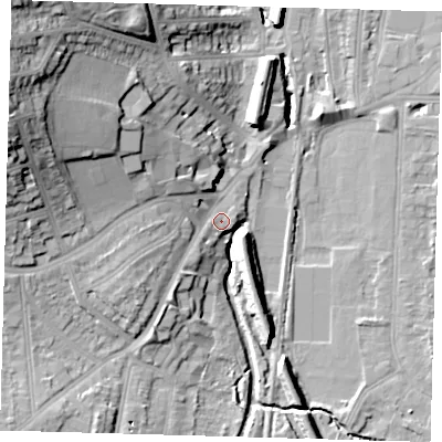 Shaded relief map of the ground around SE64NU, computed from Environment Agency LiDAR. The ground here sits at about 19 m above sea level and falls 31 m across the surrounding 800 m. Surface water reaching this point runs off ground lying to the south-west, 6.4 m higher.