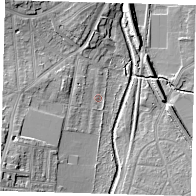 Shaded relief map of the ground around SE64PL, computed from Environment Agency LiDAR. The ground here sits at about 18 m above sea level and falls 19 m across the surrounding 800 m. Surface water reaching this point runs off ground lying to the south-west, 3.2 m higher.