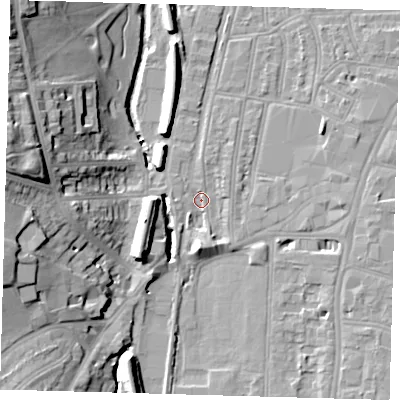 Shaded relief map of the ground around SE64PZ, computed from Environment Agency LiDAR. The ground here sits at about 15 m above sea level and falls 25 m across the surrounding 800 m. Surface water reaching this point runs off ground lying to the south, 5.3 m higher.