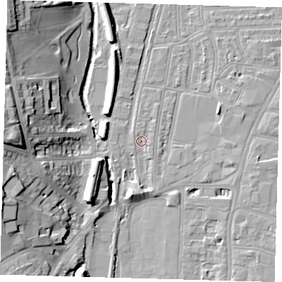 Shaded relief map of the ground around SE64QA, computed from Environment Agency LiDAR. The ground here sits at about 16 m above sea level and falls 23 m across the surrounding 800 m. Surface water reaching this point runs off ground lying to the east-south-east, 1.2 m higher.