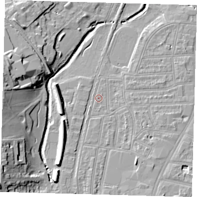 Shaded relief map of the ground around SE64QB, computed from Environment Agency LiDAR. The ground here sits at about 15 m above sea level and falls 20 m across the surrounding 800 m. Surface water reaching this point runs off ground lying to the south, 1.9 m higher.