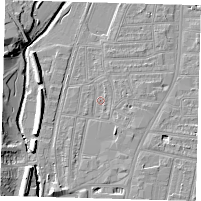 Shaded relief map of the ground around SE64QS, computed from Environment Agency LiDAR. The ground here sits at about 15 m above sea level and falls 14 m across the surrounding 800 m. Surface water reaching this point runs off ground lying to the south-south-east, 3.6 m higher.