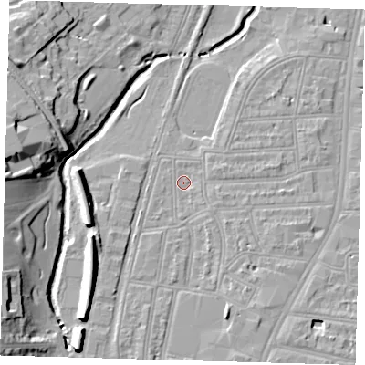Shaded relief map of the ground around SE64QT, computed from Environment Agency LiDAR. The ground here sits at about 14 m above sea level and falls 15 m across the surrounding 800 m. Surface water reaching this point runs off ground lying to the south-south-east, 4.2 m higher.