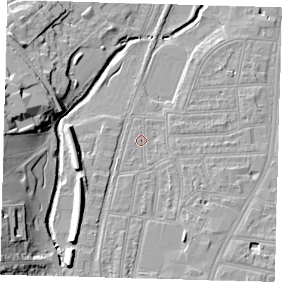 Shaded relief map of the ground around SE64QU, computed from Environment Agency LiDAR. The ground here sits at about 15 m above sea level and falls 17 m across the surrounding 800 m. Surface water reaching this point runs off ground lying to the south-south-east, 4.1 m higher.