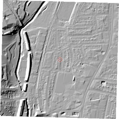 Shaded relief map of the ground around SE64QX, computed from Environment Agency LiDAR. The ground here sits at about 15 m above sea level and falls 15 m across the surrounding 800 m. Surface water reaching this point runs off ground lying to the south-east, 3.6 m higher.