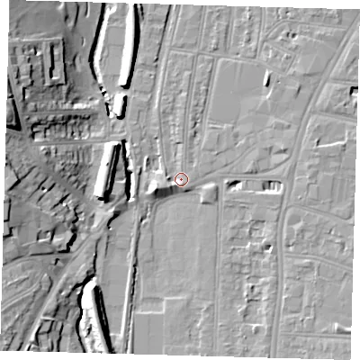 Shaded relief map of the ground around SE64QZ, computed from Environment Agency LiDAR. The ground here sits at about 16 m above sea level and falls 22 m across the surrounding 800 m. Surface water reaching this point runs off ground lying to the west-south-west, 2.9 m higher.