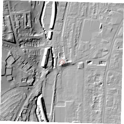 Shaded relief map of the ground around SE64RE, computed from Environment Agency LiDAR. The ground here sits at about 18 m above sea level and falls 24 m across the surrounding 800 m. Surface water reaching this point runs off ground lying to the south, 3.9 m higher.