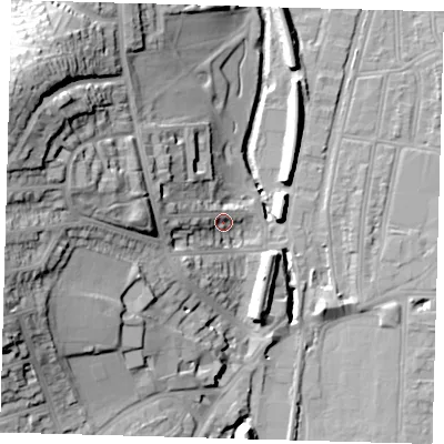 Shaded relief map of the ground around SE64RN, computed from Environment Agency LiDAR. The ground here sits at about 19 m above sea level and falls 41 m across the surrounding 800 m. Surface water reaching this point runs off ground lying to the west-north-west, 11.5 m higher.