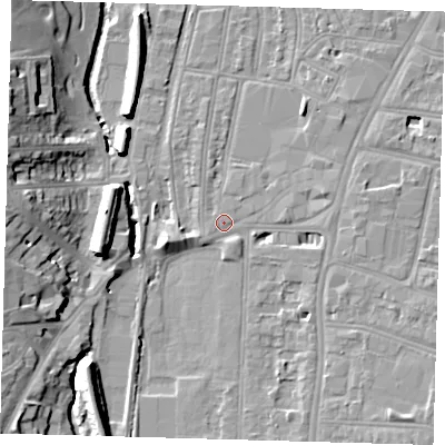 Shaded relief map of the ground around SE64RQ, computed from Environment Agency LiDAR. The ground here sits at about 16 m above sea level and falls 17 m across the surrounding 800 m. Surface water reaching this point runs off ground lying to the south-east, 5.9 m higher.