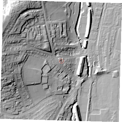 Shaded relief map of the ground around SE64RW, computed from Environment Agency LiDAR. The ground here sits at about 24 m above sea level and falls 41 m across the surrounding 800 m. Surface water reaching this point runs off ground lying to the west-north-west, 3.5 m higher.
