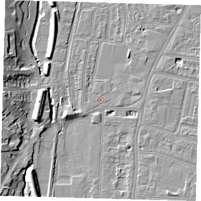 Shaded relief map of the ground around SE64SP, computed from Environment Agency LiDAR. The ground here sits at about 16 m above sea level and falls 14 m across the surrounding 800 m. Surface water reaching this point runs off ground lying to the east-south-east, 1.4 m higher.