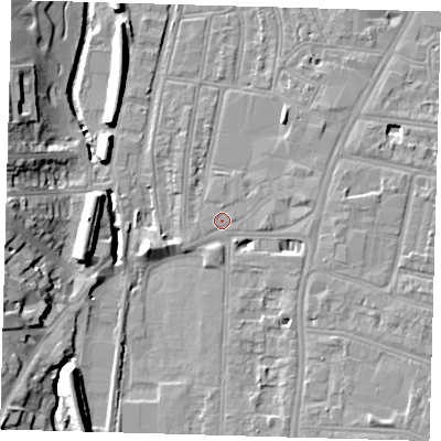 Shaded relief map of the ground around SE64SR, computed from Environment Agency LiDAR. The ground here sits at about 16 m above sea level and falls 14 m across the surrounding 800 m. Surface water reaching this point runs off ground lying to the east, 1.4 m higher.