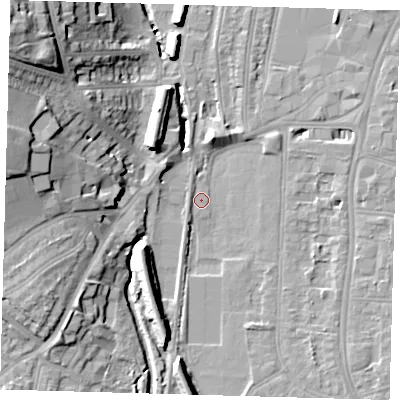 Shaded relief map of the ground around SE64SW, computed from Environment Agency LiDAR. The ground here sits at about 15 m above sea level and falls 25 m across the surrounding 800 m. Surface water reaching this point runs off ground lying to the south, 8.4 m higher.