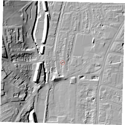Shaded relief map of the ground around SE64TA, computed from Environment Agency LiDAR. The ground here sits at about 16 m above sea level and falls 23 m across the surrounding 800 m. Surface water reaching this point runs off ground lying to the south-south-west, 3.1 m higher.