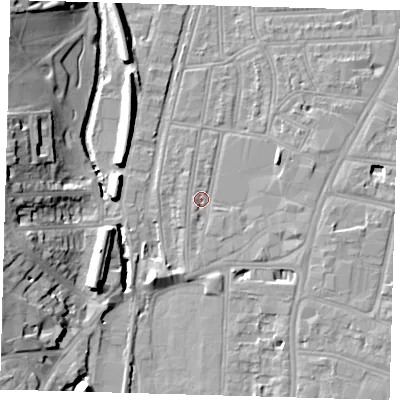 Shaded relief map of the ground around SE64TF, computed from Environment Agency LiDAR. The ground here sits at about 16 m above sea level and falls 19 m across the surrounding 800 m. Surface water reaching this point runs off ground lying to the east-south-east, 2.2 m higher.