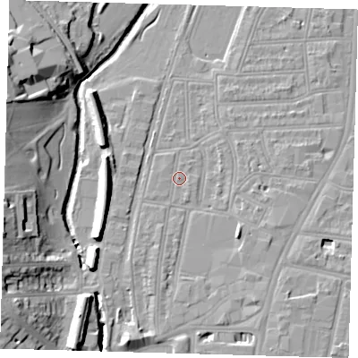 Shaded relief map of the ground around SE64TP, computed from Environment Agency LiDAR. The ground here sits at about 15 m above sea level and falls 18 m across the surrounding 800 m. The ground contributing surface water to this point lies to the south-west.
