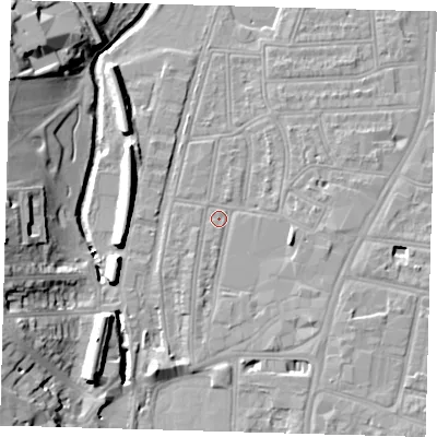 Shaded relief map of the ground around SE64TQ, computed from Environment Agency LiDAR. The ground here sits at about 15 m above sea level and falls 18 m across the surrounding 800 m. Surface water reaching this point runs off ground lying to the south-east, 2.6 m higher.