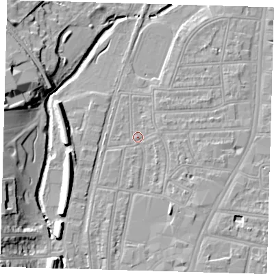 Shaded relief map of the ground around SE64TR, computed from Environment Agency LiDAR. The ground here sits at about 15 m above sea level and falls 15 m across the surrounding 800 m. Surface water reaching this point runs off ground lying to the south-south-east, 4.0 m higher.