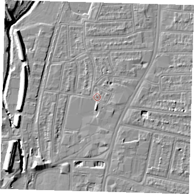 Shaded relief map of the ground around SE64TW, computed from Environment Agency LiDAR. The ground here sits at about 16 m above sea level and falls 12 m across the surrounding 800 m. Surface water reaching this point runs off ground lying to the east-north-east, 1.2 m higher.