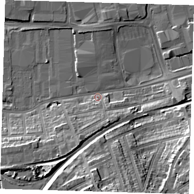 Shaded relief map of the ground around SE77AL, computed from Environment Agency LiDAR. The ground here sits at about 4 m above sea level and falls 27 m across the surrounding 800 m. Surface water reaching this point runs off ground lying to the south-south-west, 10.9 m higher.