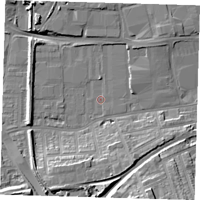 Shaded relief map of the ground around SE77AX, computed from Environment Agency LiDAR. The ground here sits at about 3 m above sea level and falls 25 m across the surrounding 800 m. Surface water reaching this point runs off ground lying to the south-south-west, 12.1 m higher.