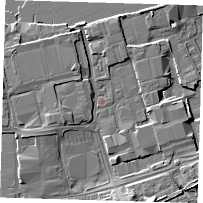 Shaded relief map of the ground around SE77EG, computed from Environment Agency LiDAR. The ground here sits at about 4 m above sea level and falls 9 m across the surrounding 800 m. Surface water reaching this point runs off ground lying to the north-north-west, 5.2 m higher.
