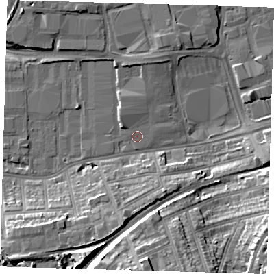 Shaded relief map of the ground around SE77FA, computed from Environment Agency LiDAR. The ground here sits at about 3 m above sea level and falls 23 m across the surrounding 800 m. Surface water reaching this point runs off ground lying to the north-north-west, 2.1 m higher.