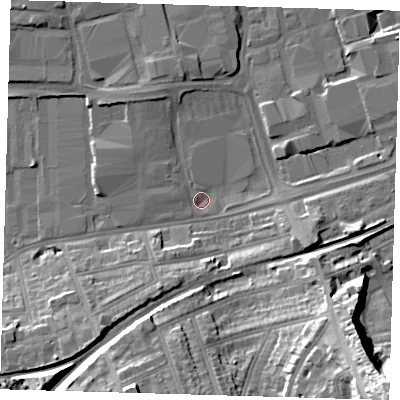 Shaded relief map of the ground around SE77FU, computed from Environment Agency LiDAR. The ground here sits at about 2 m above sea level and falls 34 m across the surrounding 800 m. Surface water reaching this point runs off ground lying to the east-south-east, 8.0 m higher.